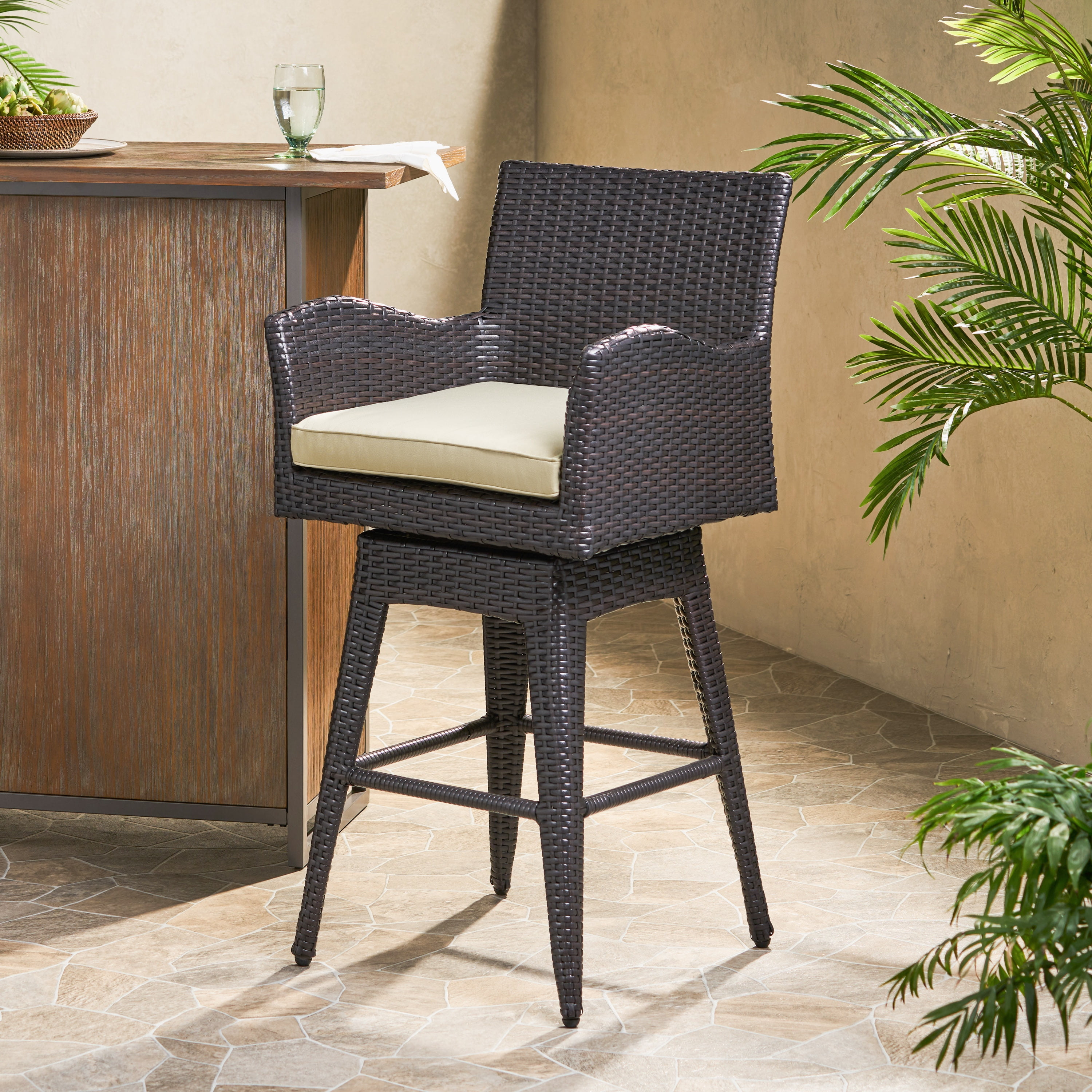 Brown Wicker Swivel Armed Barstool