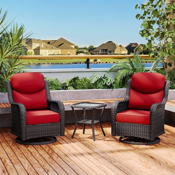 Brown Wicker Swivel Rocking Chair 3-Piece Set with Smiley Back & Side Table – Outdoor Patio Furniture, Red