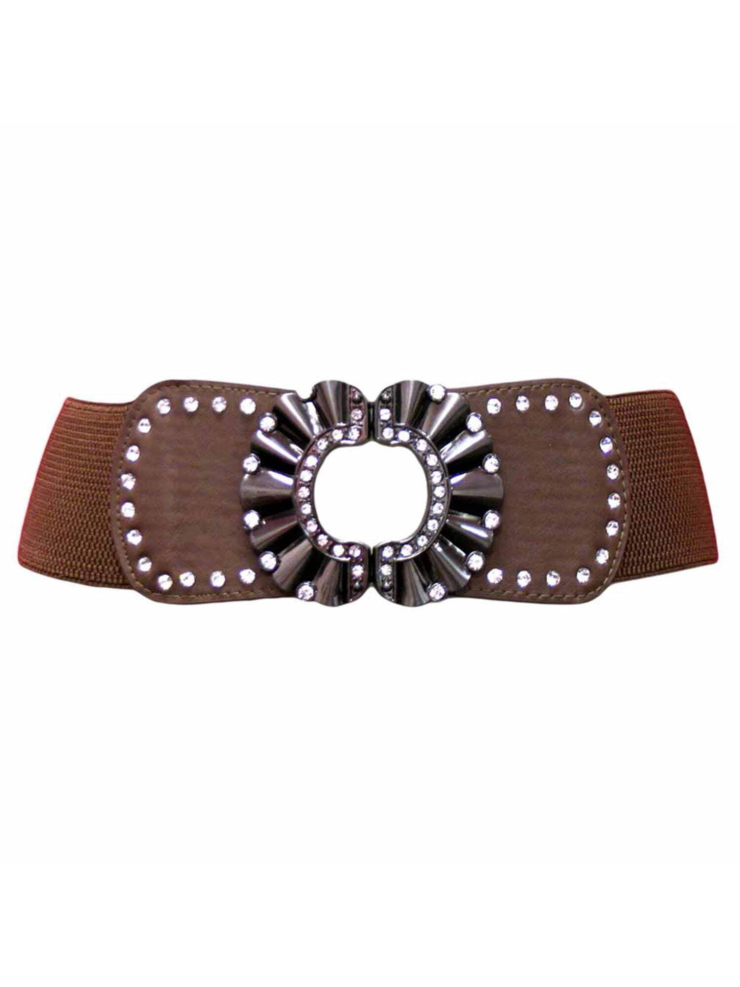 Brown Wide Elastic Waist Belt With Rhinestone Metal Buckle  display picture 3