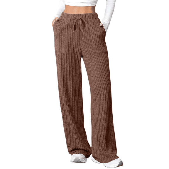 Brown Wide Leg Sweatpants Women Ladies' Autumn/Winter New Solid Color Strip Pocket Elastic Casual Pants Fashion Clothing