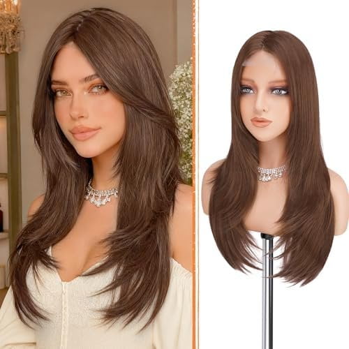 Brown Wig with Curtain Bangs - Lace Front Hairline Middle Part Long Layered Looking Straight Synthetic Hair Wigs for Women Daily Party, 24 Inch Reddish Brown