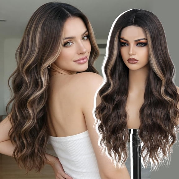 Brown Wig with Highlights Blonde for Women 26 Inch Long Wavy Curly Hair | Face-framing,Soft Synthetic Fiber,Dimensional Brown,Adjustable Cap,Easy Styling,Daily Wear, Parties and Photoshoots