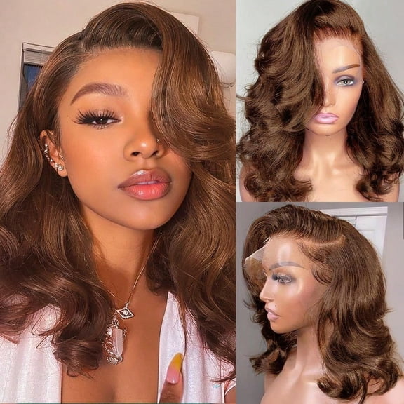 Brown Wig Human Hair 200 Density 13x6 Body Wave Lace Front Wigs Human Hair Pre Plucked Short Wigs For Black Women Glueless Frontal Wig Human Hair Loose Wavy 14 Inch