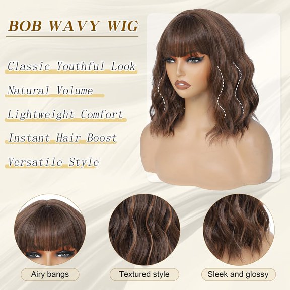 Brown Wigs With Bangs Short Wavy Wig for Women 14 Inch Brown with Highlight Curly Shoulder Length Bob Wigs Synthetic fiber Hair for Daily Party Use Brown with Highlight 14 Inch