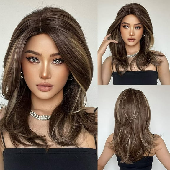 Brown Wigs for Women Light Brown Highlights Blonde Wig Natural Shoulder Length Layered Synthetic Wig for Daily Use