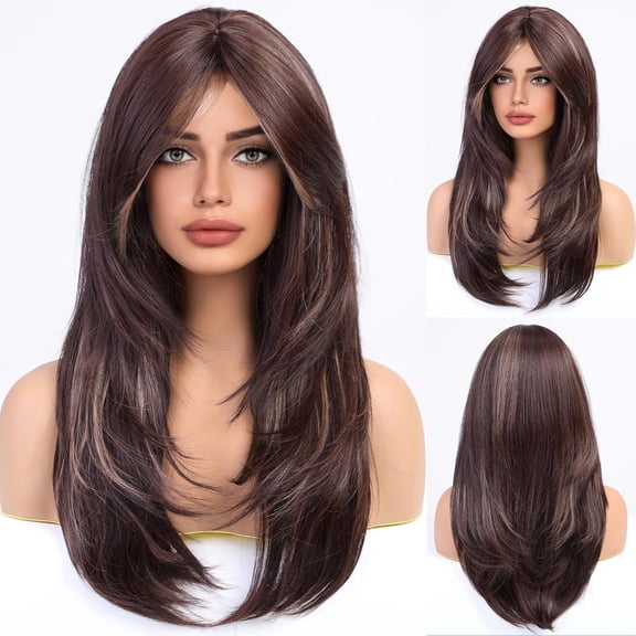 Brown Wigs for Women,Long Layered Brown with Blonde Highlight Wigs with Bangs Heat Resistant Synthetic Fibre Wigs