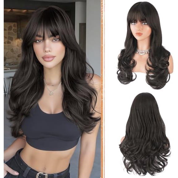 Brown Wigs with Bangs Long Wavy Layered Haircut  Looking Fluffy Synthetic  Hair Wig for Women Daily Party, 24 Inch Dark Brown