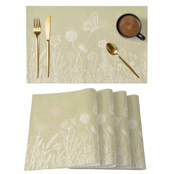 Brown Wildflowers Placemats Set of 8, Modern Floral Butterfly Plant Placemats for Dining Table, Place Mats for Kitchen Tabletop, Waterproof Wipeable Dining Table Mats Set
