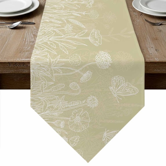 Brown Wildflowers Table Runner Linen Burlap Table Runner 90 Inches Long Modern Floral Butterfly Plant Dresser Scarves for Kitchen Island Coffee Dining Room Party Wedding Banquet Holiday Decor 13"x90"