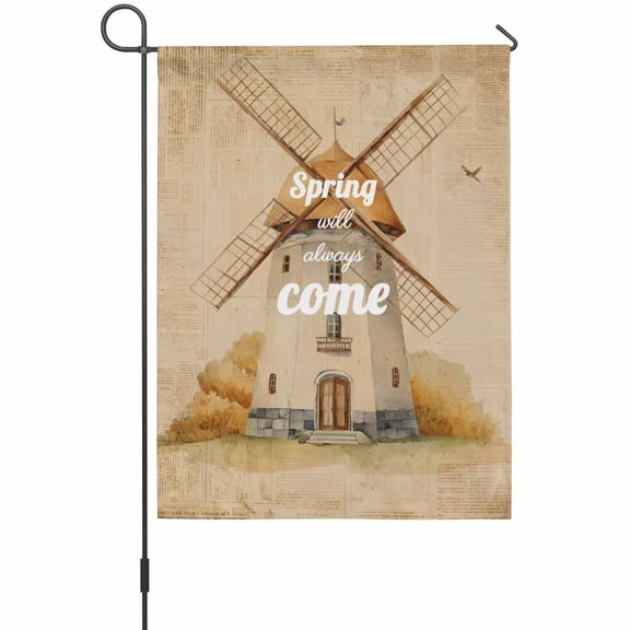 Brown Windmill Garden Flags For Outdoor, Spring Will Always Come Letters Wood Grain Small Double Side Yard Flags Weather Proof Garden Decor for Lawn Outside Holiday 12 x 18 Inches