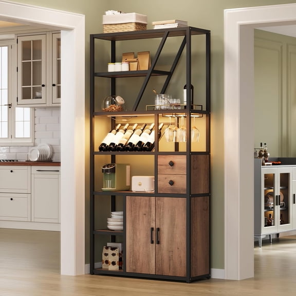 Brown Wine Bar Cabinet with LED Lights & Power Outlets, Tall Coffee Bar Station with Wine Rack & Microwave Stand