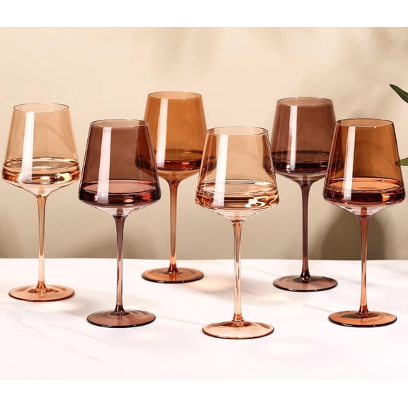 Brown Wine Glasses Set of 6-18ozHand Blown Crystal Amber Stemmed Venus Glasses-Brown Glass set for Fall Autumn Winter Dinner