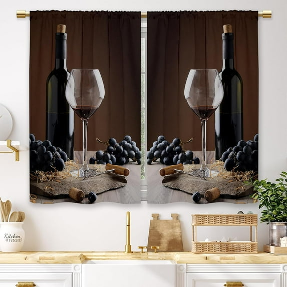 Brown Wine Kitchen Curtains Vintage Farmhouse Country Grape Glass Small Short Cafe Window Curtains Fruit Rod Pocket Bathroom Window Drapes Treatment Tier Curtains 2 Panels (27.5x36 Inch)