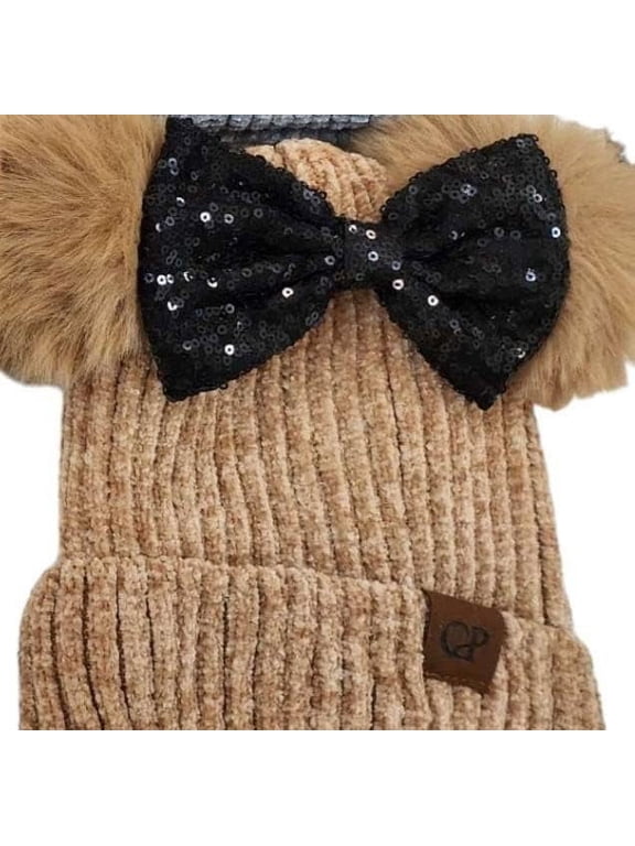 Brown Winter Minnie inspired Pom Beanie, Mickey minnie hat, winter hat , Mickey Minnie inspired , faux pearl beanie, Pom Pom hat / beanie