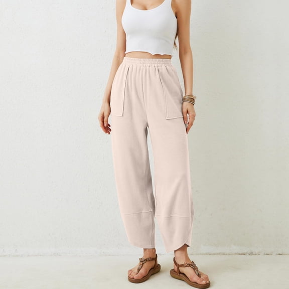 Brown Woman Pants Clearance Ladies' Casual Solid Color Cotton Sweatpants with Pockets Crossed Cuffs Loose Straight Leg Haren Cropped Pants for Women