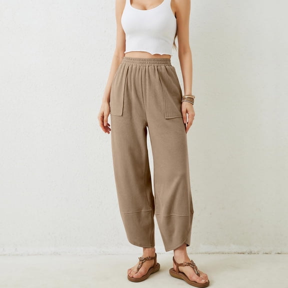 Brown Woman Pants Clearance Ladies' Casual Solid Color Cotton Sweatpants with Pockets Crossed Cuffs Loose Straight Leg Haren Cropped Pants for Women