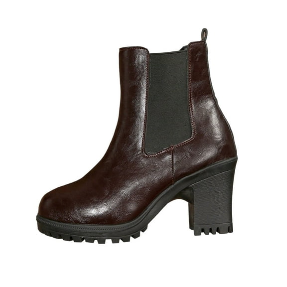 Brown Women Boots With Chelsea Design Chunky Heel Brown For Fall Winter Outfits