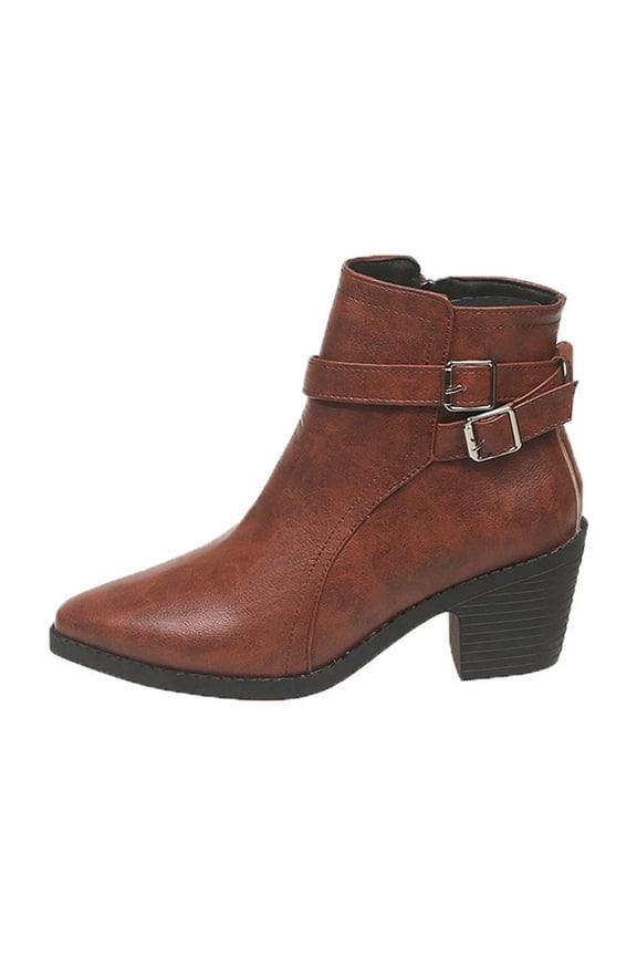 Brown Women Boots With Side Zipper Pointed Toe Chunky Heel For Winter Casual Wear