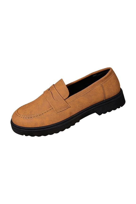 Brown Women British Style Loafers With Frosted Appearance And Round Toe For Fall Winter Thick Heel And All Day Use