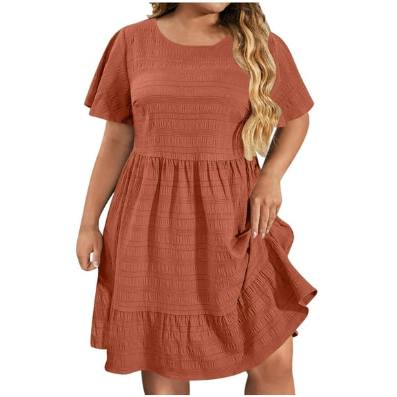 Brown Women Brunch Short Sleeve Dresses for Teen Girls Crewneck Spandex Midi Knee Length Oversized Basic Summer Fall Dresses 2025 Clothing Country Concert 3XL