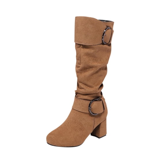 Brown Women Casual Boots Belt Buckle Accent Side Zipper For Daily Wear Comfortable Heel Lightweight