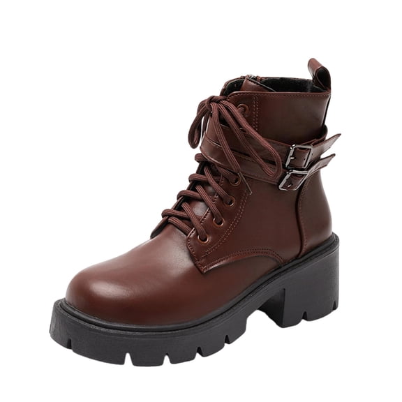Brown Women Casual Boots With Belt Buckle Detail And Mid Heel For Outdoor Pursuits