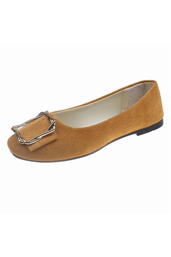 Brown Women Casual Flats Soft Mesh Fabric Shoes With Metal Buckle Square Toe Design Quilted Insole for Walking and Commuting Available In Size 9.5