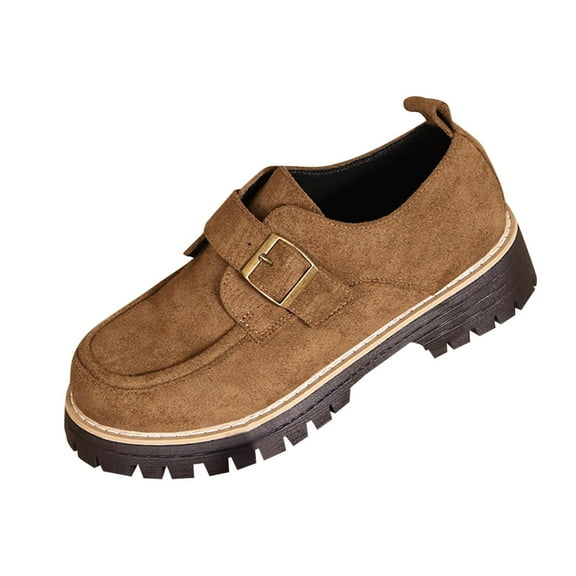 Brown Women Casual Practical Cool Metal Detail Round Toe Shoes Autumn Winter Era Comfortable Lifted Thick Sole Loafers For Daily Wear