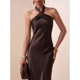 thumbnail image 1 of Brown Women Elegant Satin Halter Neck Long Maxi Dress For Evening Party, 1 of 11