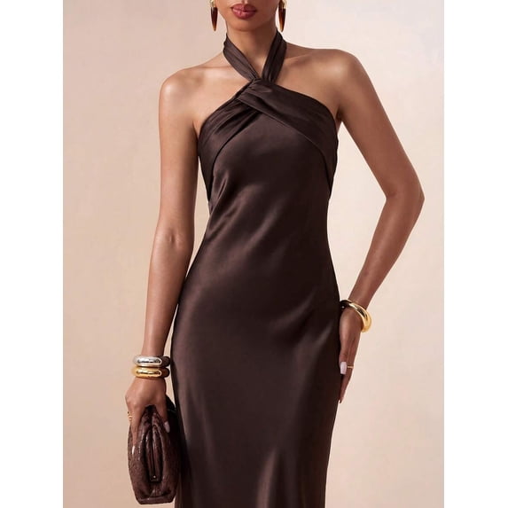 Brown Women Elegant Satin Halter Neck Long Maxi Dress For Evening Party