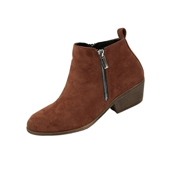 Brown Women Embroidered Ankle Boots Side Zipper Round Toe Thick Heel Mid Heel Winter
