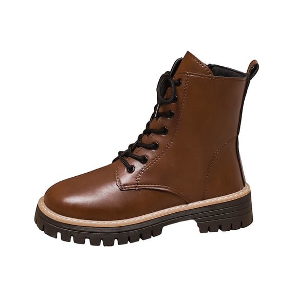 Brown Women Everyday Cold Season Ankle Boots With Circular Toe Side Zipper Fastening And Lace-Up Front Low Heel For Daily Adventures