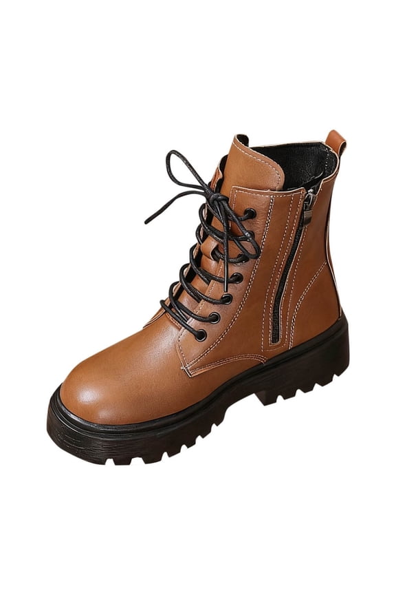 Brown Women Everyday Cold Weather Ankle Boots With Circular Toe Side Zipper And Front Lace-Up Low Heel Feature For Versatile Outdoor And Indoor Use