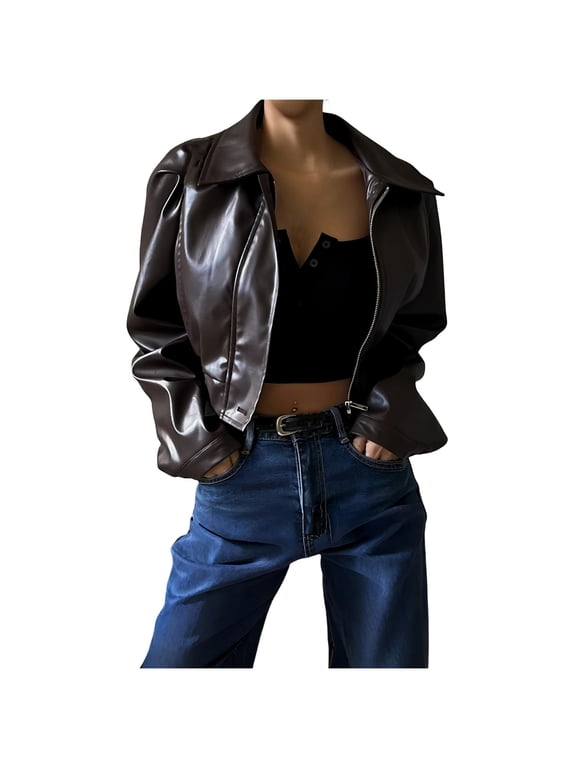 Brown Women Faux Leather Jackets Coats for Teen Girls Long Sleeve Modest Brunch Sequin Sparkle Glitter Basic Winter Fall Zip Up 2026 M