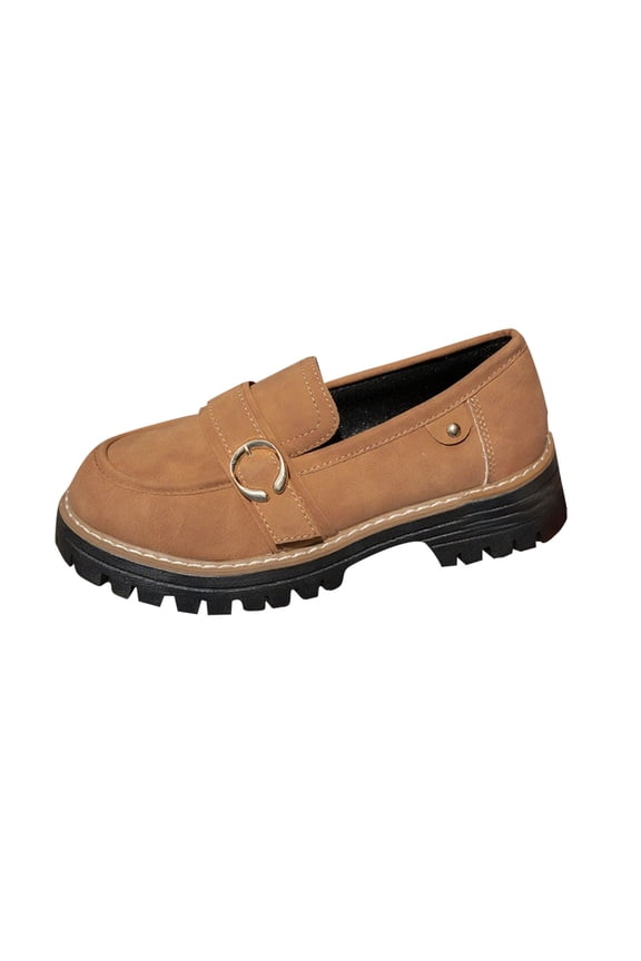 Brown Women Flat Shoes With Buckle Design Thick Sole And British Style Comfortable For Casual Wear Durable And Fashionable