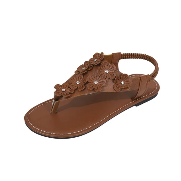 Brown Women Floral Thong Sandals Casual Open-Toe Flat Soft Sole Elastic Back Strap Outdoor Versatile Plus Size Shoes Footwear For Leisure Activity Size 38 Eu Us 6.5 Foot Length 9.45 Inches