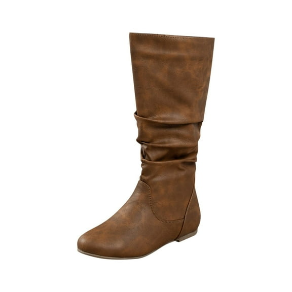 Brown Women Knee High Boots Pleated Stacked Side Zipper Round Toe Low Heel Thick Heel Casual Winter Booties