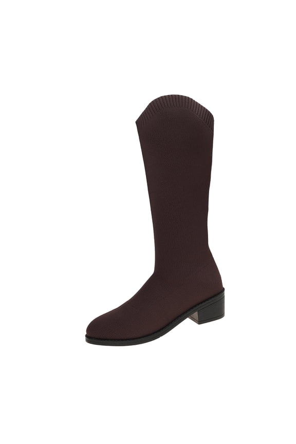Brown Women Knitted Mid Calf Sock Boots With Chunky Heel For Fall Winter Comfortable And Durable For Large Size
