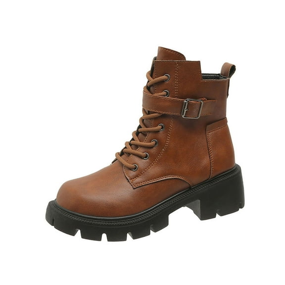 Brown Women Lace Up Ankle Boots With Round Toe And Chunky Mid Heel For Outdoor Walking