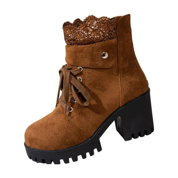 Brown Women Lace Up Lace Back Zipper Round Toe Chunky Heel Boots Autumn Winter Leisure Shoes With Thick Sole And Supportive Heel