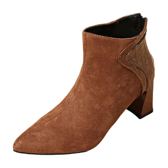 Brown Women Leisure Cold Weather Ankle Footwear With Circular Toe Side Zipper And Lace-Up Front Low Heel For Versatile Wear