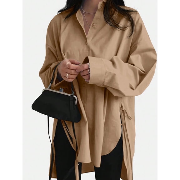 Brown Women Plain Simple Daily Long Sleeve Tie Front Shirt, Long Sleeve
