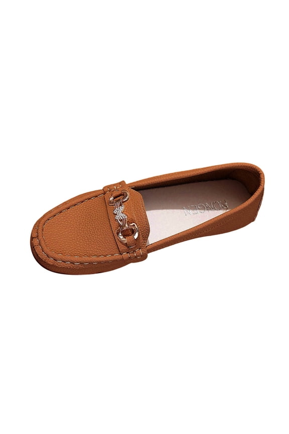 Brown Women Round Toe Moccasins Slip On Flat Bottom Shallow Mouth Lightweight Solid Color Casual Four Season Footwear