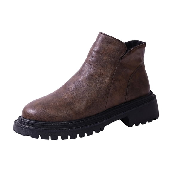 Brown Women'S All-Purpose Side Zipper Boots Plus Size Fall Winter Trendy Heel Round Toe For Casual Wear