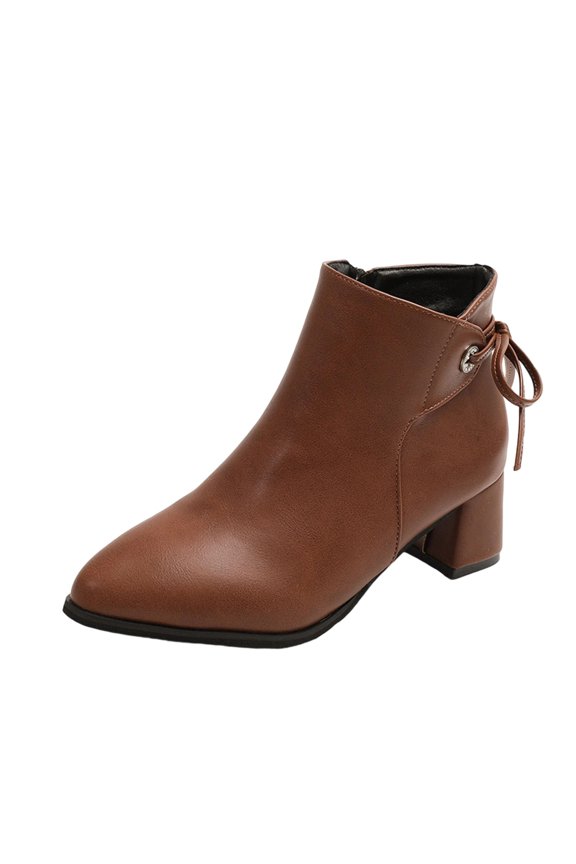 Brown Women'S Ankle Boots Pointed Toe Block Heel Back Strap Side Zipper Comfortable Supportive Non Slip Casual Walking Everyday Wear Booties Size 36