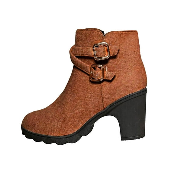 Brown Women'S Ankle Boots With Chunky Heel And Side Zipper Belt Buckle Design Round Toe Casual Winter Wear