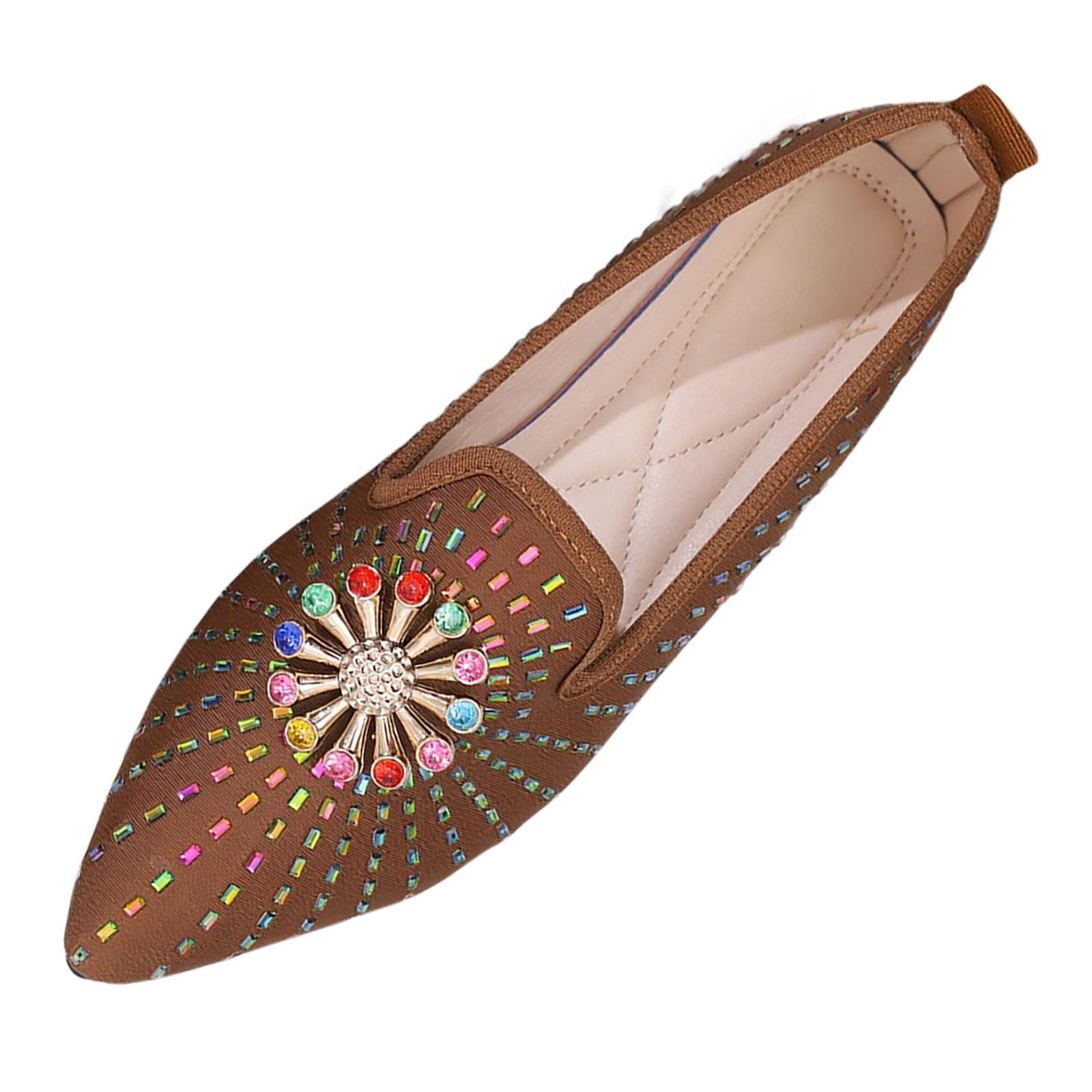 Brown Women'S Casual Loafers Flat Shoes Rhinestone Pointed Toe ...