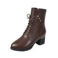 thumbnail image 1 of Brown Women'S Casual Winter Boots With Front Lace-Up And Side Zipper Chunky Heel Round Toe High Heel, 1 of 8