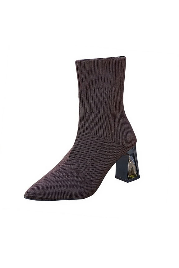 Brown Women'S Chunky Heel High Heel Short Boots Solid Color Flying Woven Stretch Knitted Square Toe Design Fashion Casual Fall Winter Comfortable Walking Shoes Mesh Upper