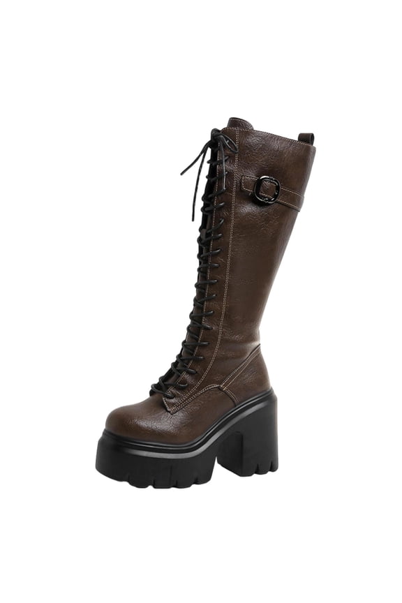 Brown Women'S Fashion Knee High Boots Round Toe Chunky Heel Lace Up Thick Sole Combat Boots Casual Cool Winter Long Boots 2.2 Lb